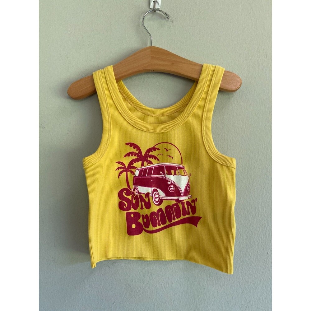 Rowdy Sprout Sun Bummin' tank Yellow Tank Girls Size 6 VW Bus Palm Trees and Su